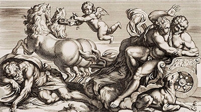 A scene depicting two horses, perhaps drawing a chariot, with two people in the cart behind.  On the foreground in front, a man lays on the ground and a dog looks up at the cart.  A cherub is in the sky above.