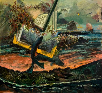 A scene depicts two fish, with square frame-like objects juxtaposed between the fish and the background. In the background, a group of people in a rowboat look over their shoulders toward the fish.