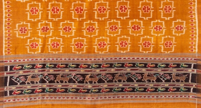 A detail of an orange sari, depicting a pattern of open squares with floral motifs inside, and a triple-border of colored animals below.