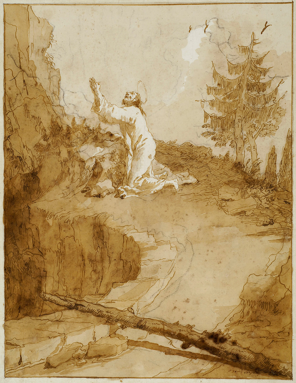 A man with a halo is on his knees, on a path in the woods. He has his hands folded in prayer and is gazing upward.