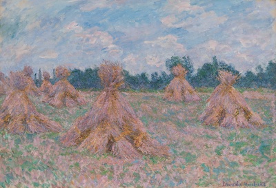 Seven triangular stacks of grain sit in a field in this Impressionist painting. The colors are hazy, but the view of the grainstacks sits in the foreground as a tree line and cloudy sky are seen in the background. In the corner is a small, semi-visible sigature that reads, “Blanche Hoschede”.